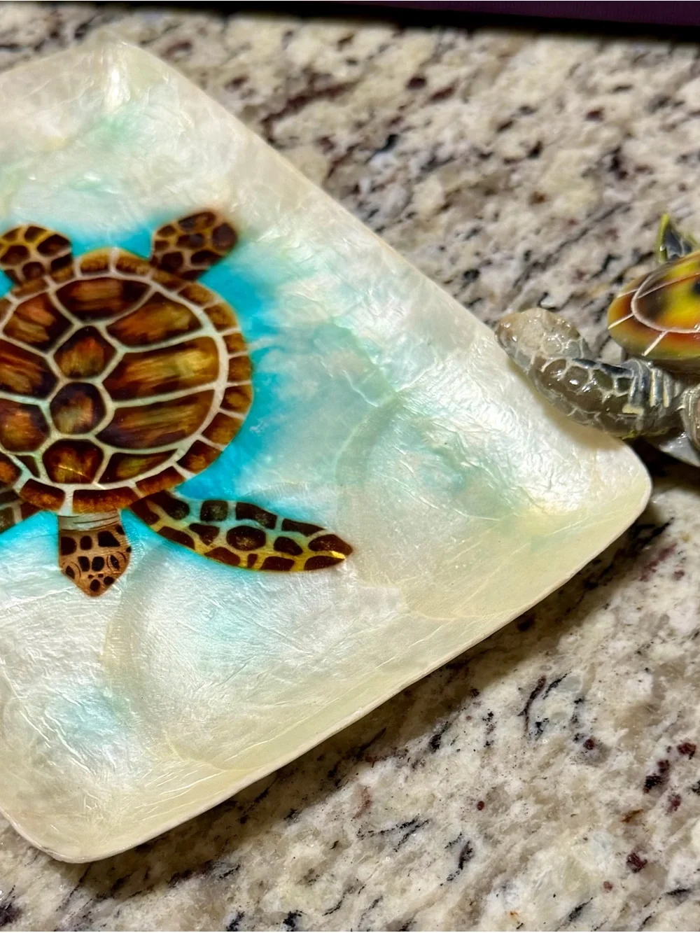 Hand-Painted Sea Turtle Figurine - Seashell platter with hand painted Sea Turtle